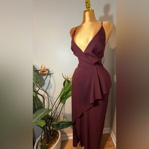 Elegant Wine Midi Dress with Ruffle Detail